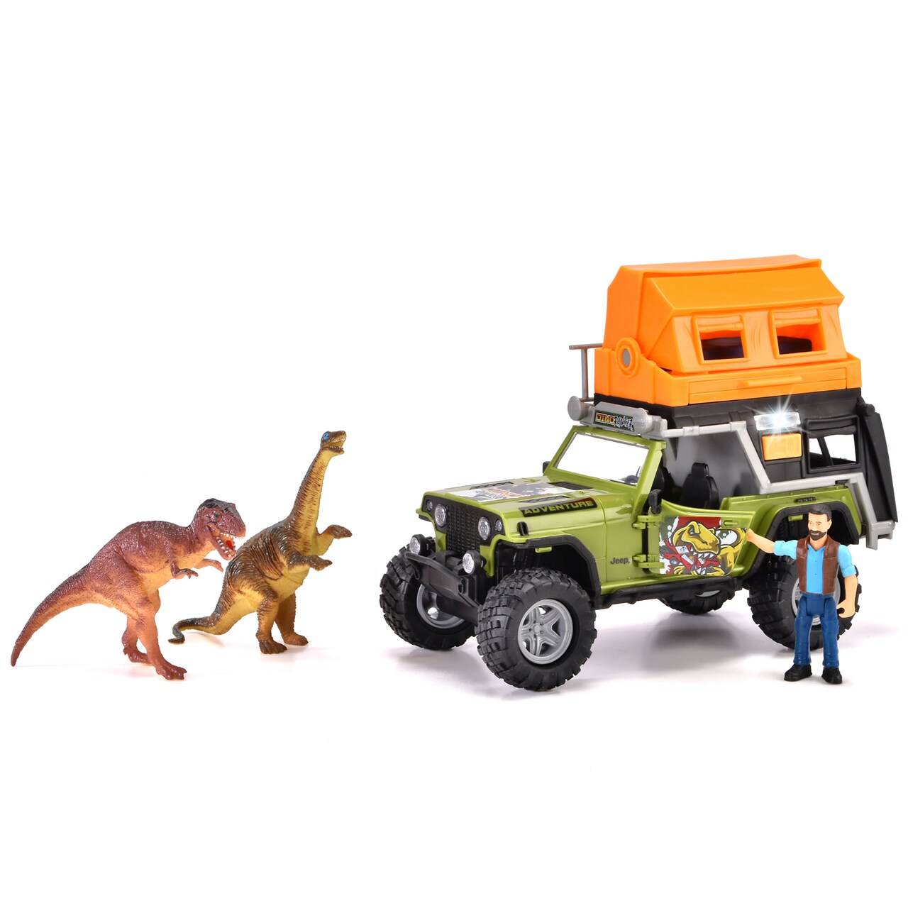 Dickie Toys: Jeep Dino Camper Set - Green & Orange - Light & Sound Toy Vehicle w/ Trailer, Action Figure & 2 Dinosaurs, Licensed, Kids Ages 3+